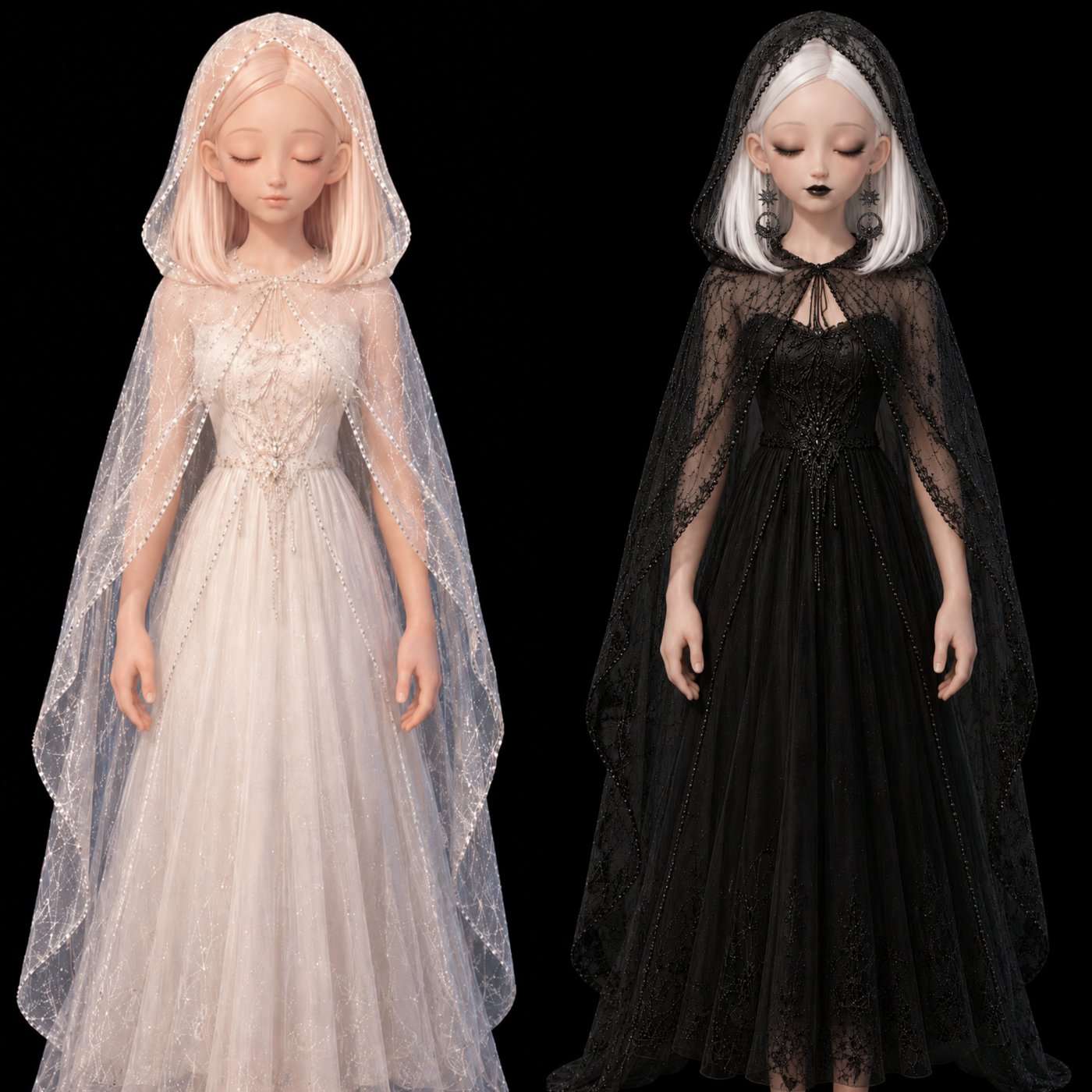 Two veiled figures, light and dark, representing Dorothy's two sides of reflection